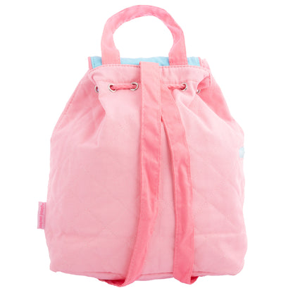 Pink quilted Stephen Joseph Princess backpack for toddlers with drawstring closure, top handle, and light blue trim accents