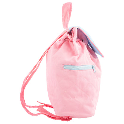 Pink quilted Princess backpack with light blue zipper accents, drawstring top, and back strap visible against white background