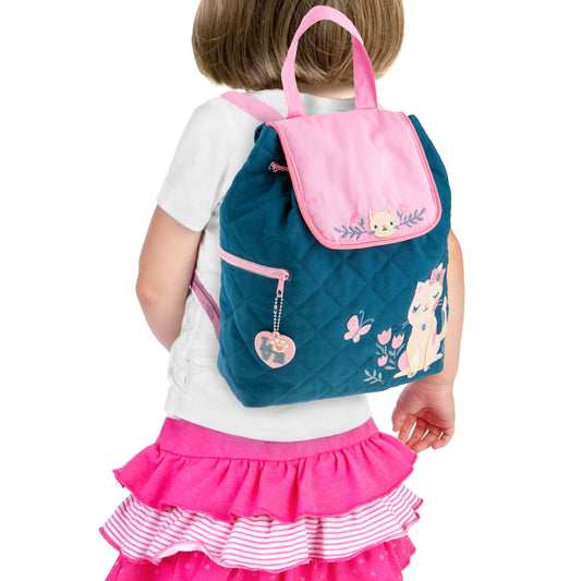 Pink Cat quilted backpack, embroidered design front view