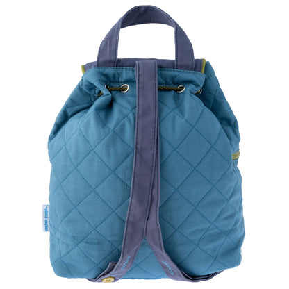 Teal quilted backpack with diamond stitching, purple straps and handles, drawstring closure, and Stephen Joseph brand tag visible on the side
