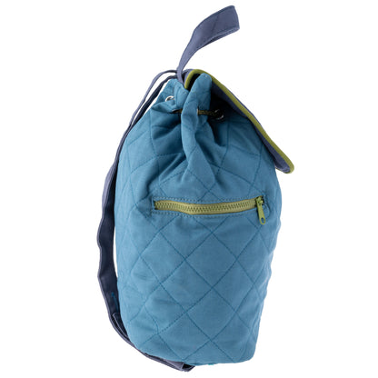 Teal quilted backpack with diamond stitching, lime green zipper, and navy blue straps, shown in side profile view