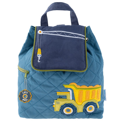 Construction quilted backpack, embroidered design front view