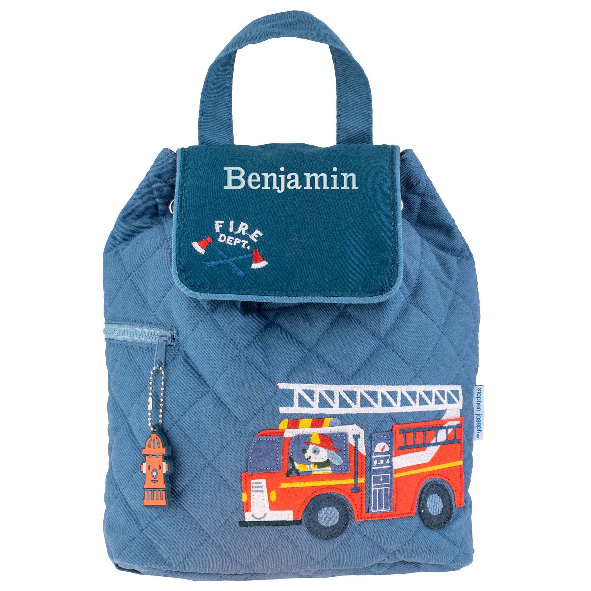Firetruck quilted backpack, close-up of embroidered design detail