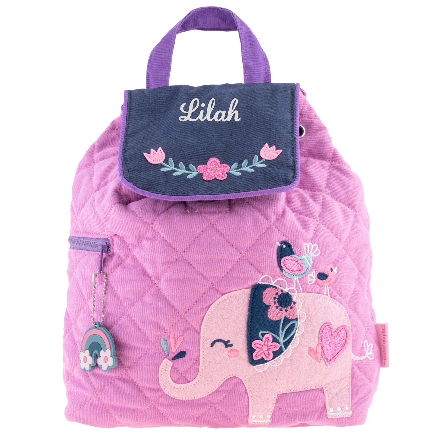 Elephant quilted backpack, close-up of embroidered design detail
