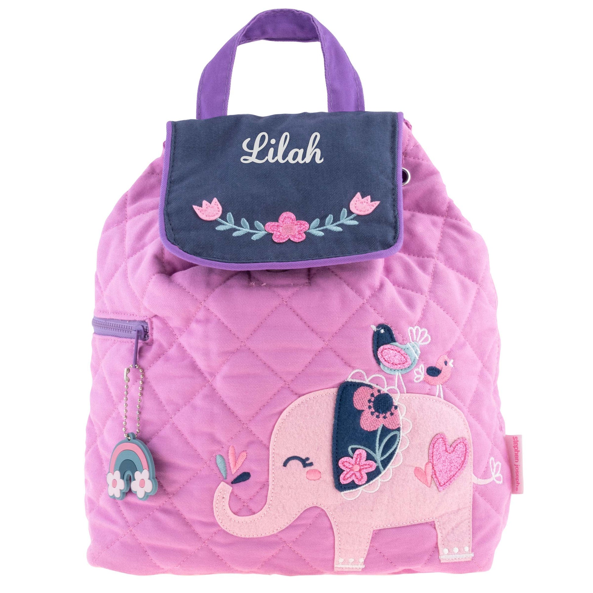 Elephant quilted backpack, close-up of embroidered design detail