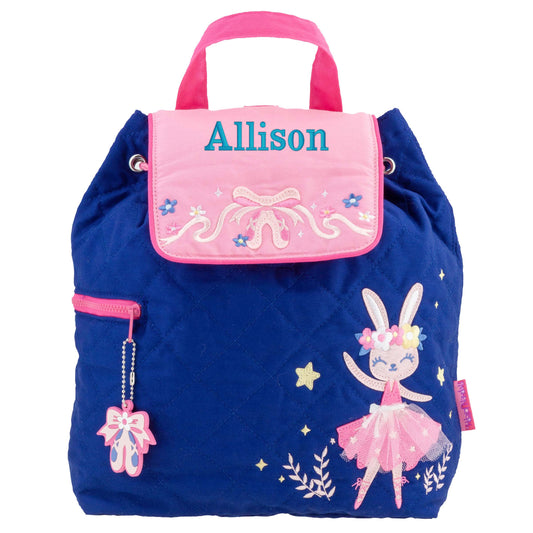 Bunny quilted backpack, close-up of embroidered design detail