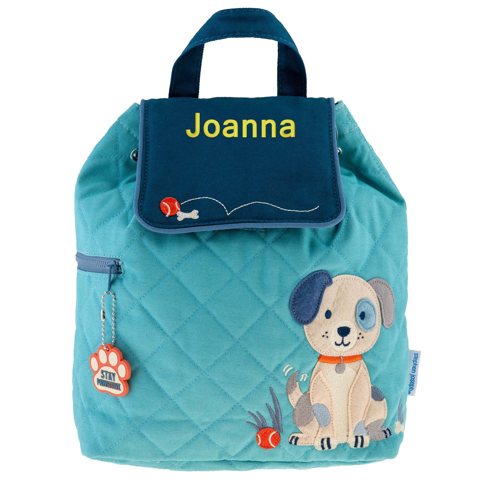 Puppy quilted backpack, close-up of embroidered design detail