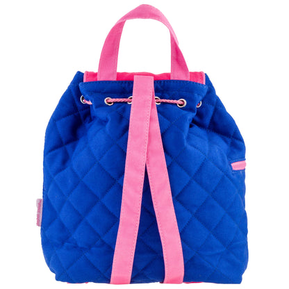 Royal blue quilted backpack with pink drawstring straps, top handles, and metal grommets; personalized embroidery not visible in this front view