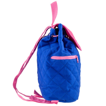 Royal blue quilted backpack with pink zipper and drawstring straps, Stephen Joseph Rainbow embroidered toddler backpack shown from the back