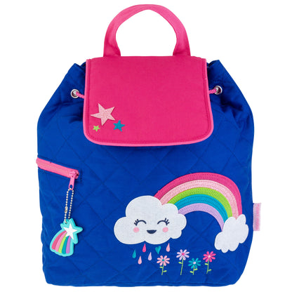Rainbow quilted backpack, embroidered design front view