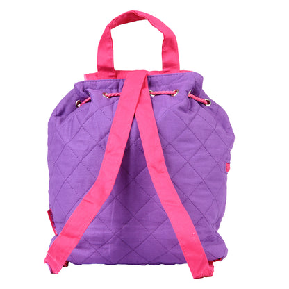 Purple quilted backpack with pink drawstring straps and top handle, Stephen Joseph Unicorn design for toddlers