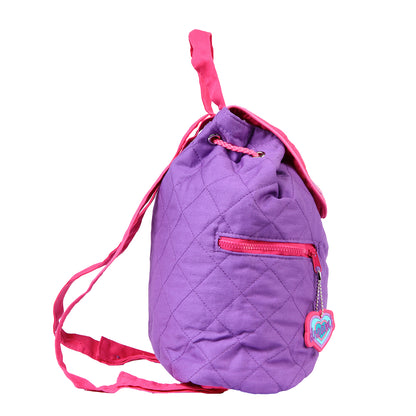 Purple quilted backpack with pink straps and zippers, featuring a heart-shaped tag and drawstring closure. Stephen Joseph Unicorn design for toddlers