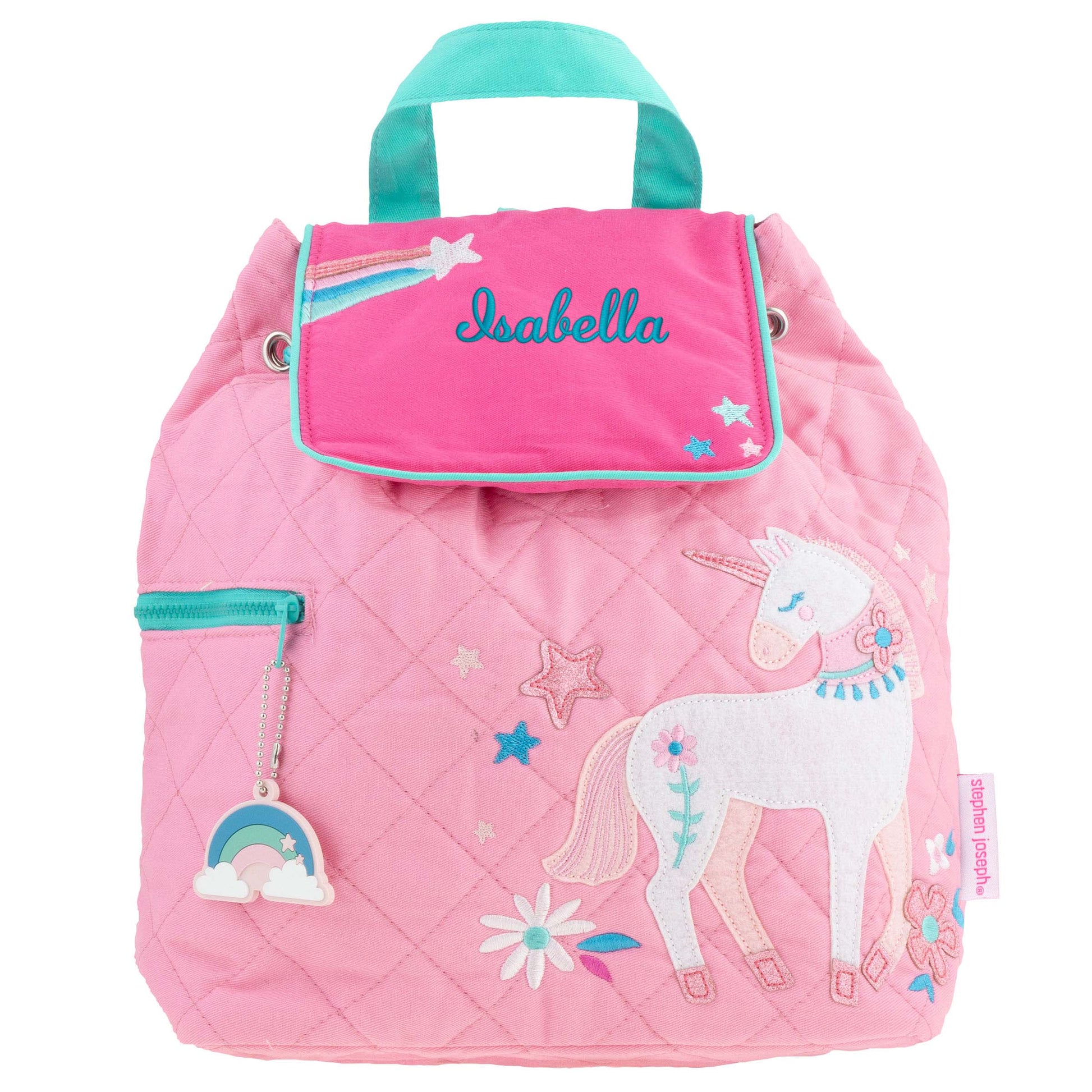 Pink Unicorn quilted backpack, close-up of embroidered design detail