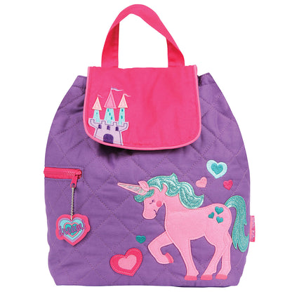 Purple quilted toddler backpack with pink unicorn, castle flap, and heart charms. Stephen Joseph unicorn embroidered design in pink and teal accents