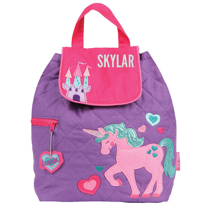 Unicorn quilted backpack, close-up of embroidered design detail