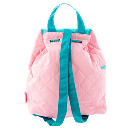 Pink quilted backpack with teal straps and drawstring closure, Stephen Joseph toddler backpack shown from the back