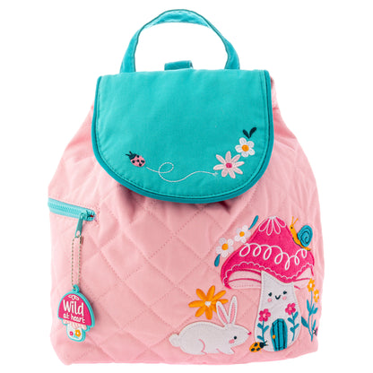 Mushroom quilted backpack, embroidered design front view