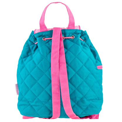 Teal quilted backpack with pink drawstrings and handles, featuring diamond stitching pattern and pink trim accents on the Stephen Joseph toddler design