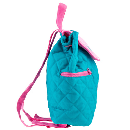 Teal quilted backpack with pink zippers and straps, featuring butterfly embroidery detail, Stephen Joseph toddler design