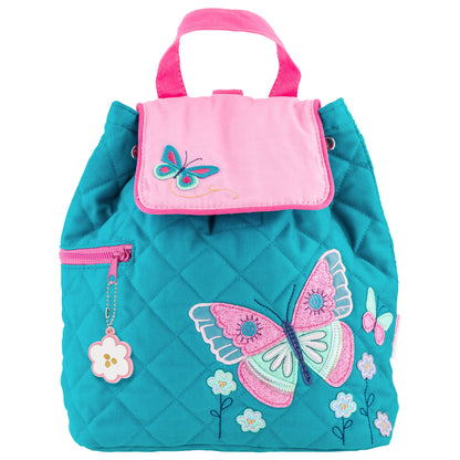 Teal quilted toddler backpack with pink flap, embroidered butterflies and flowers, pink zipper pull with flower charm