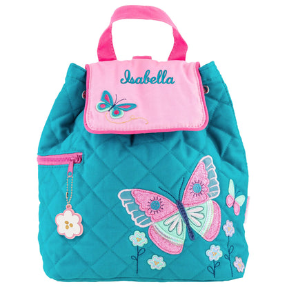 Butterfly quilted backpack, close-up of embroidered design detail
