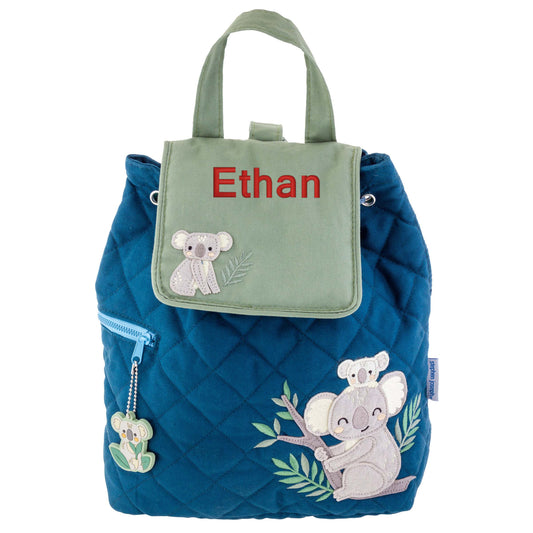 Koala quilted backpack, close-up of embroidered design detail