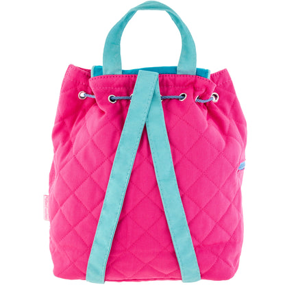Bright pink quilted backpack with diamond stitching, turquoise drawstring straps and top handles, Stephen Joseph toddler design