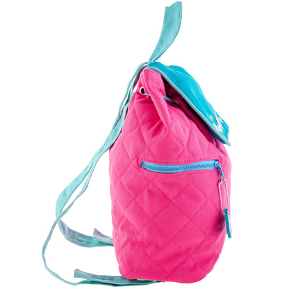 Pink quilted backpack with teal straps and trim, featuring a front zip pocket and mermaid-themed embroidered design on the flap