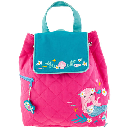 Pink quilted Stephen Joseph toddler backpack with teal flap, embroidered mermaid, seashells, flowers, and fish charms