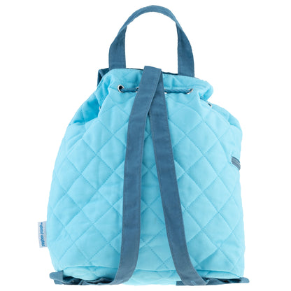 Light blue quilted backpack with diamond stitching, gray drawstring straps and top handle, Stephen Joseph brand tag visible on side