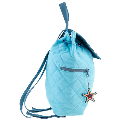 Light blue quilted toddler backpack with drawstring closure, front zip pocket, star charm, and adjustable straps. Stephen Joseph Cowboy Western design