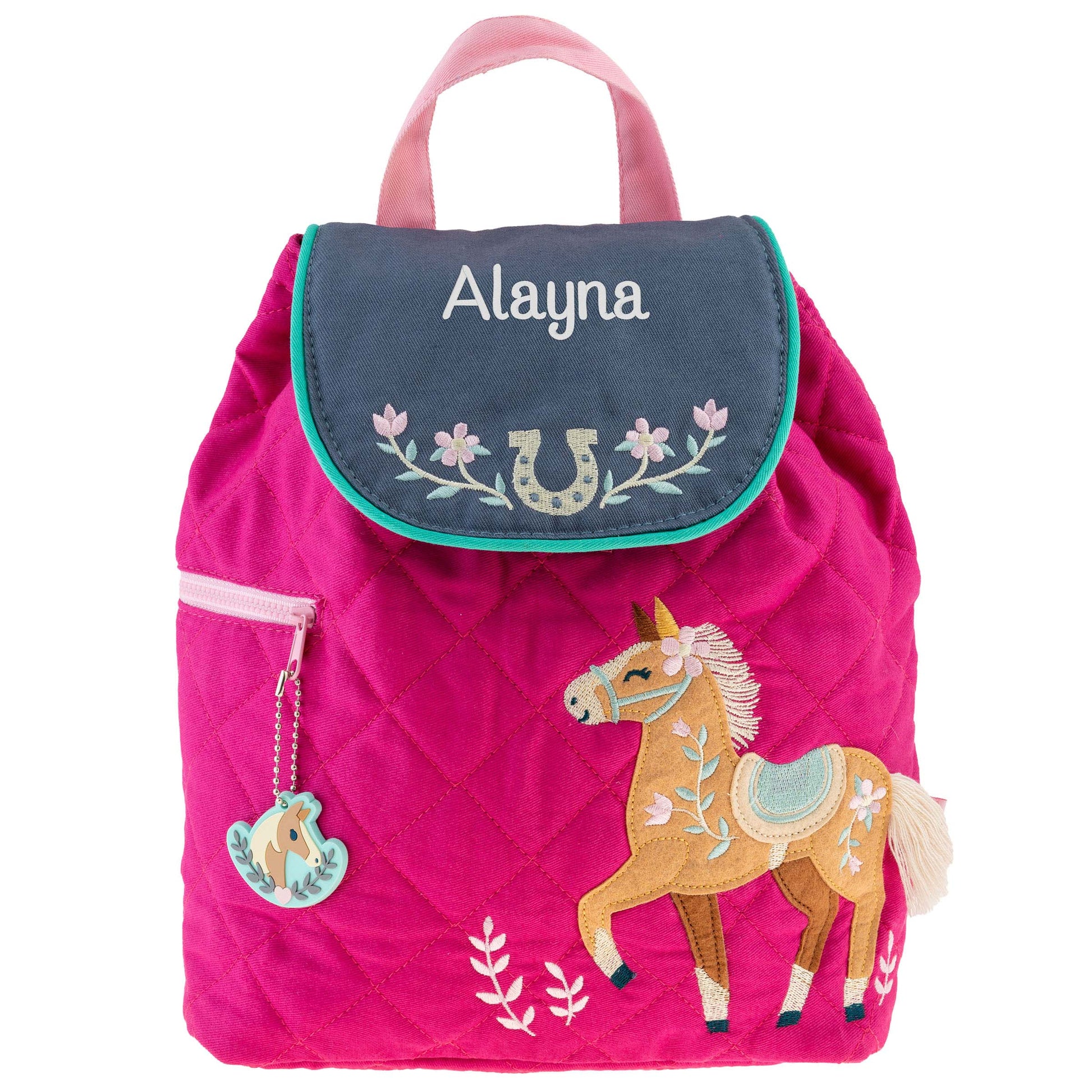 Horse quilted backpack, close-up of embroidered design detail