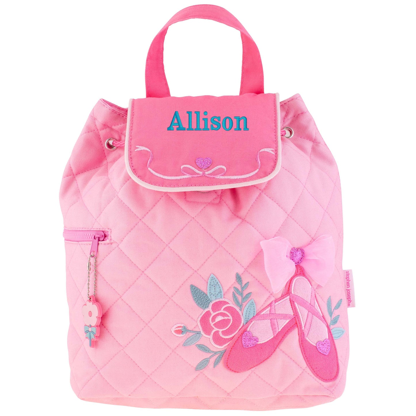 Ballet quilted backpack, close-up of embroidered design detail
