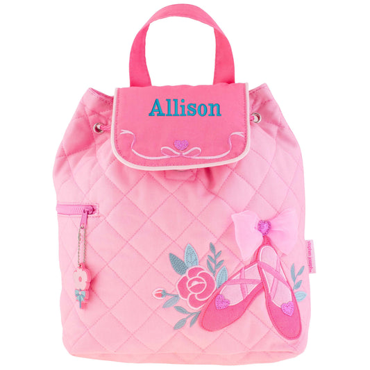 Ballet quilted backpack, close-up of embroidered design detail