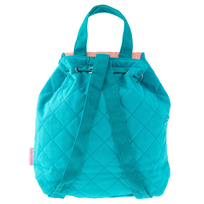 Turquoise quilted toddler backpack with drawstring closure, top handles, and shoulder straps; pink interior lining visible at top opening