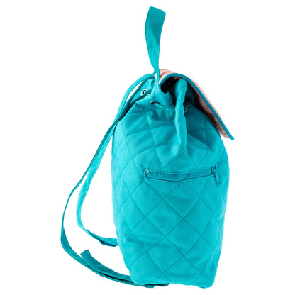 Turquoise quilted toddler backpack with drawstring closure, front zip pocket, and adjustable straps; floral embroidery not visible in this angled view