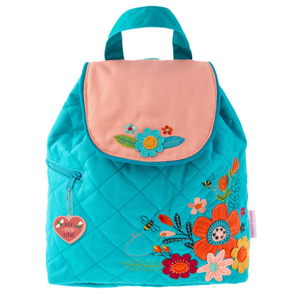 Turquoise Floral quilted backpack, embroidered design front view