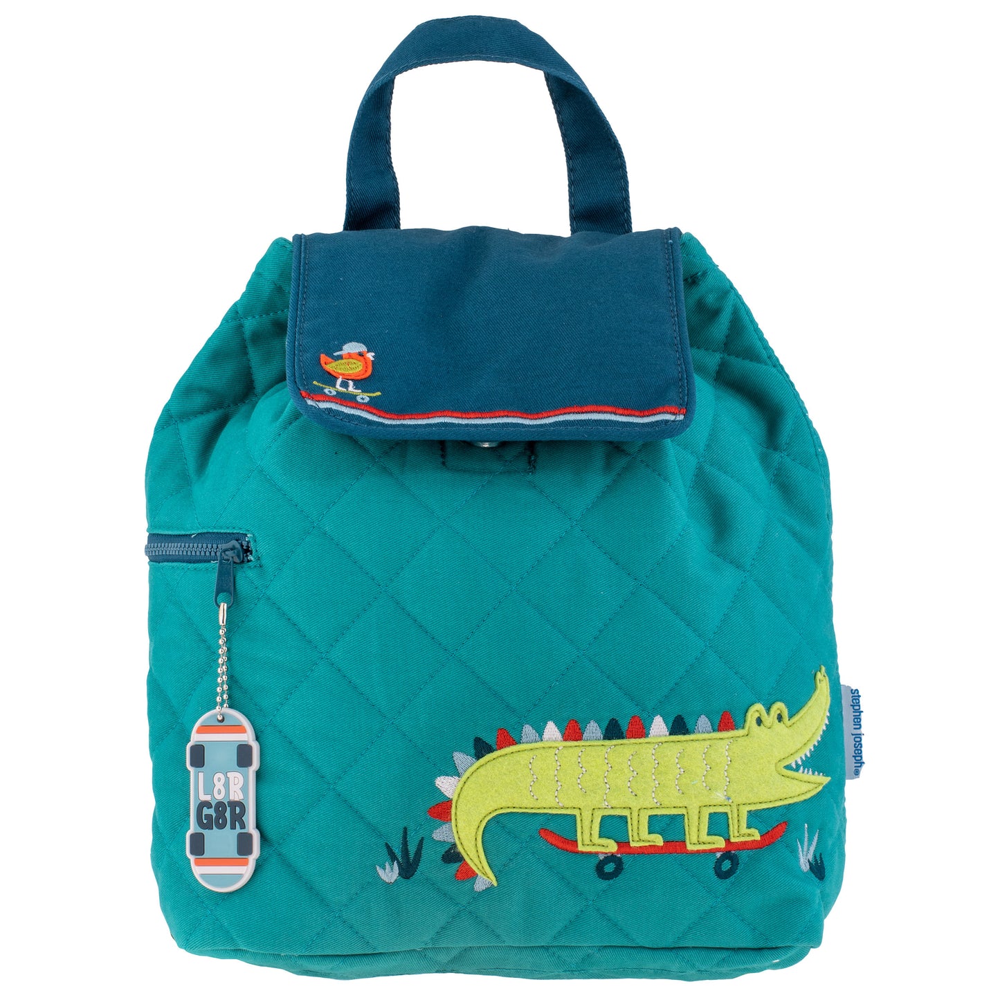 Alligator quilted backpack, embroidered design front view