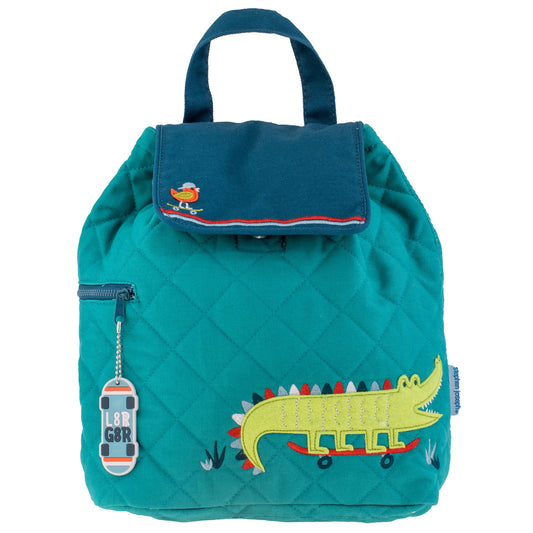 Alligator quilted backpack, embroidered design front view