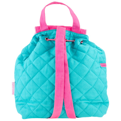 Turquoise quilted backpack with pink drawstring handles and trim straps, featuring Stephen Joseph branding on small side tags