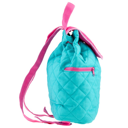 Turquoise quilted backpack with pink zipper and drawstring straps, Stephen Joseph Hedgehog design for toddlers, shown from the back