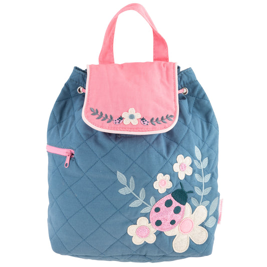 Ladybug quilted backpack, embroidered design front view