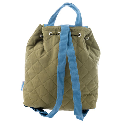 Olive green quilted backpack with diamond stitching and blue denim straps, featuring silver grommets and drawstring closure