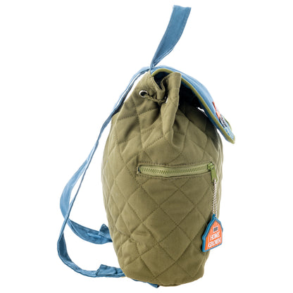 Olive green quilted diamond-pattern toddler backpack with blue straps, front zip pocket, and orange Stephen Joseph brand tag hanging from zipper