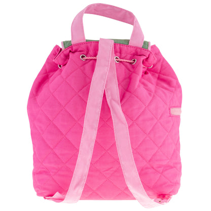 Bright pink quilted toddler backpack with drawstring closure, pink straps, and green top trim. Personalized leopard embroidered design by Stephen Joseph