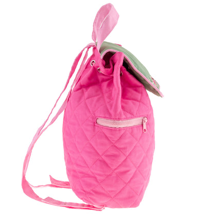 Bright pink quilted backpack with diamond stitching, front zip pocket, drawstring top, and green interior lining visible at opening