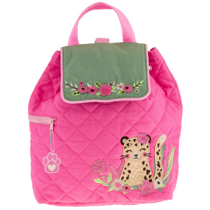 Bright pink quilted backpack with green floral flap, embroidered leopard with flowers, and paw-shaped zipper pull. Stephen Joseph toddler design