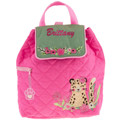 Leopard quilted backpack, close-up of embroidered design detail