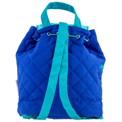 Blue quilted backpack with teal drawstring straps and top handle, featuring diamond stitching pattern and teal accent trim along the edges