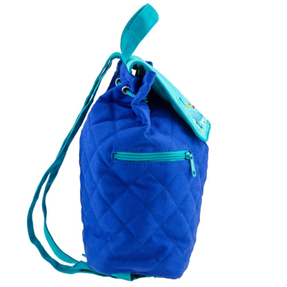 Royal blue quilted backpack with teal drawstring, zipper, and shoulder straps; features embroidered shark design on teal front pocket flap